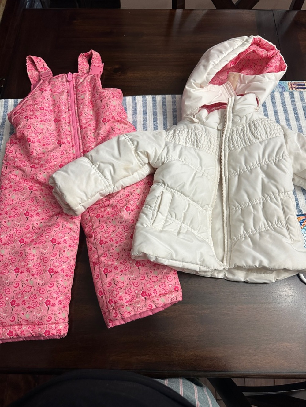 London Fog Girls' Pink Snow Bibs and White Hooded Puffer Jacket